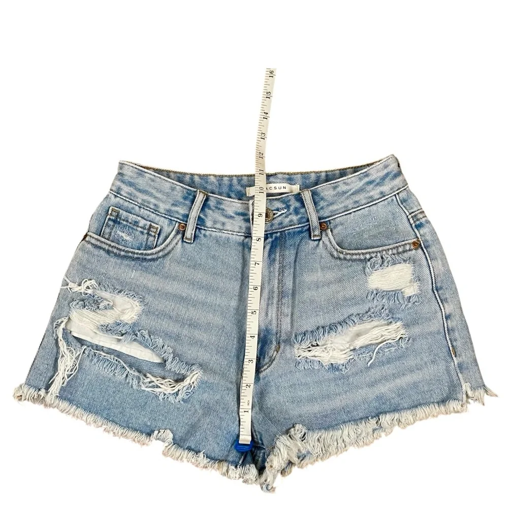 PacSun‎ High Rise Distressed Denim Shorts 25 Festival Grunge Raw Hem Light Wash